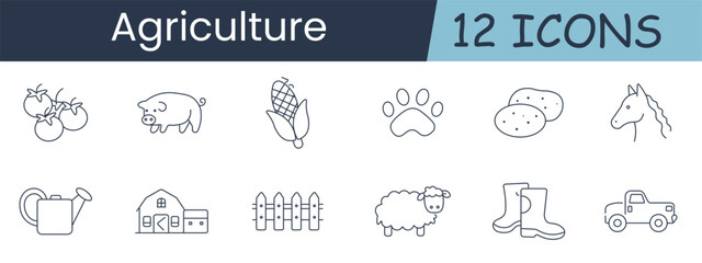 Agriculture set icon. Collection with tomatoes, pig, corn cob, paw print, potatoes, horse, watering can, barn, fence, sheep, boots, pickup truck