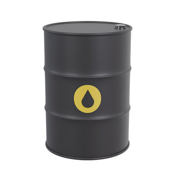 Black oil drum barrel with a yellow oil drop logo. This 3D metallic container is tilted at a diagonal angle on a transparent background for industrial energy and fuel commerce concepts.