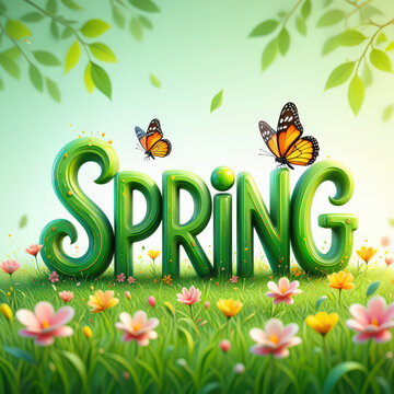 Lush Spring Scene with Green Lettering and Butterflies, a Cheerful and Inviting Display of Nature's Reawakening, Perfect for Welcoming the Season