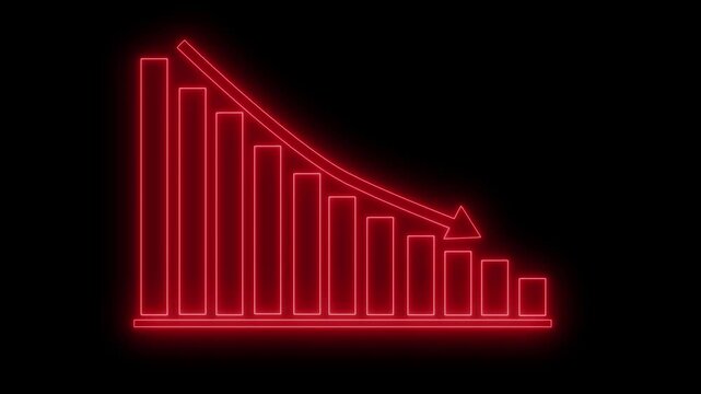 Neon declining bar chart with down arrow animation on black background