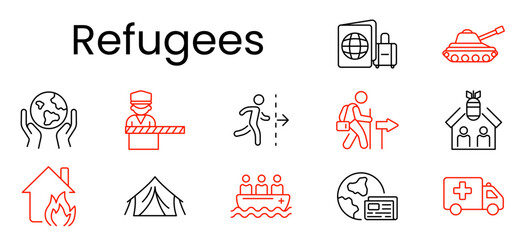 Refugees set icon. Outline pictograms, globe hands, border officer barrier, running person crossing, traveler with arrow, damaged house, tent camp, boat group, passport globe, ambulance, tank © Кирилл Макаров
