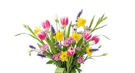 Obraz premium Vibrant bouquet of pink tulips, yellow flowers, and purple lavender in green vase isolated on transparent background