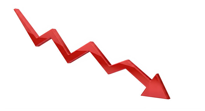 Arrow, red zigzag downward trend, pointing down, on transparent background, indicating decline or decrease featuring graph, chart, indicator