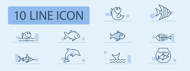 Marine life set icon. Fish, tropical angelfish, tuna, skeleton, marlin, dolphin, tail fin, aquarium bowl, ocean fauna, underwater world. © Кирилл Макаров