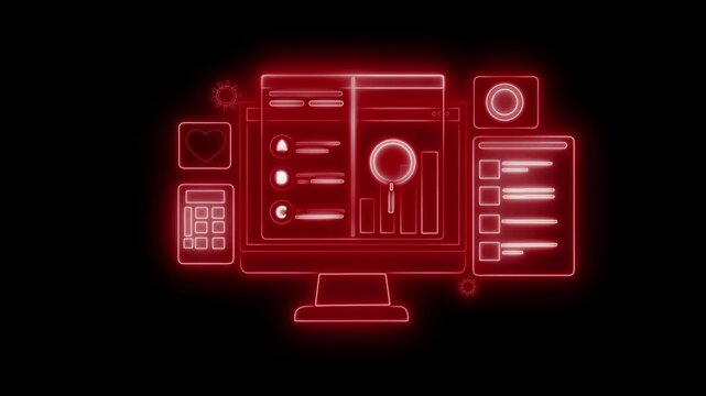 Glowing computer monitor with data analytics interface animation