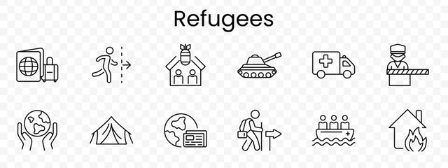 Refugees set icon. Outline migration symbols, passport luggage, border crossing, shelter house, tank, ambulance, barrier guard, globe support, tent camp, ID card, walking person, rescue boat © Кирилл Макаров