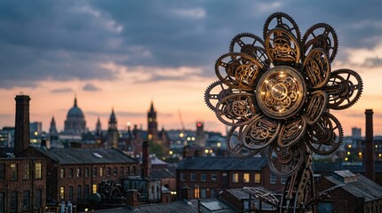 Obraz premium Intricate Steampunk Flower Sculpture with Gears, Urban City Skyline at Dramatic Sunset