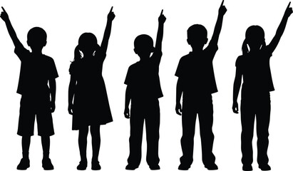 Fototapeta premium Children pointing up silhouettes set, kids standing with raised finger gesture collection, black child figures isolated vector