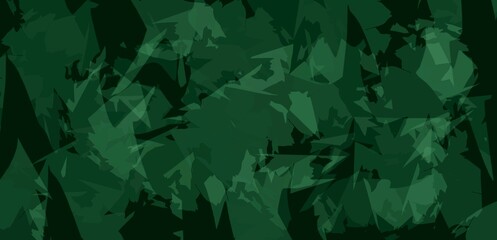 Abstract green camouflage background made of layered geometric shapes and sharp fragments. Dark textured pattern with a bold modern graphic style. © Olena