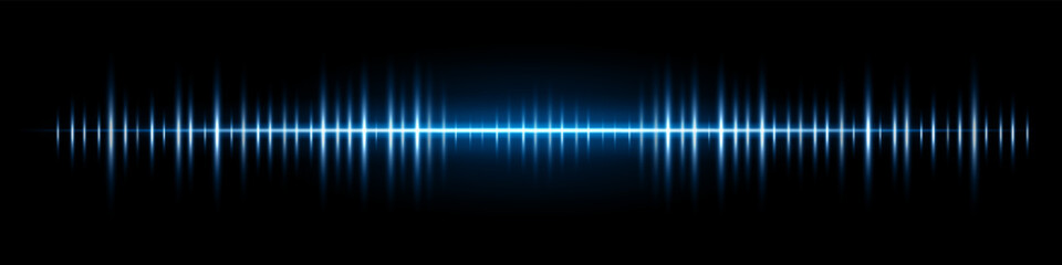 Fototapeta premium Horizontal white light waveform composition. Bright glowing line, vertical pulse spikes, radiant center, dark gradient backdrop, abstract audio signal atmosphere, luminous digital energy effect