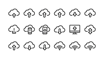 Obraz premium Collection of cloud data upload, download, mobile synchronization, and wireless network line icons for digital services.