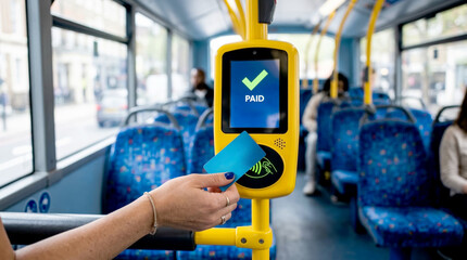 Plakat Contactless payment on public bus using blue card on yellow validator machine showing paid confirmation