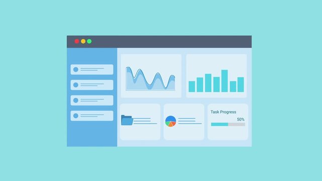 Animated flat dashboard interface displaying charts, graphs, and data panels inside a browser window. Concept of business analytics, statistics monitoring, reporting, and digital technology visualizat