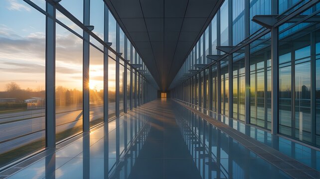 Modern architectural interior at sunrise: a sleek glass-walled corridor in a contemporary office building, floor-to-ceiling windows reflecting warm golden sunlight, long clean lines