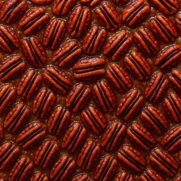 Traditional American pecan pie with roasted pecans and caramel filling pattern