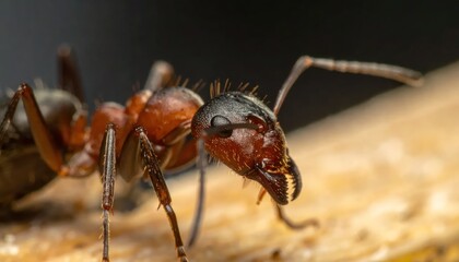 Fototapeta premium Closeup of Red Ant on Wooden Surface.
