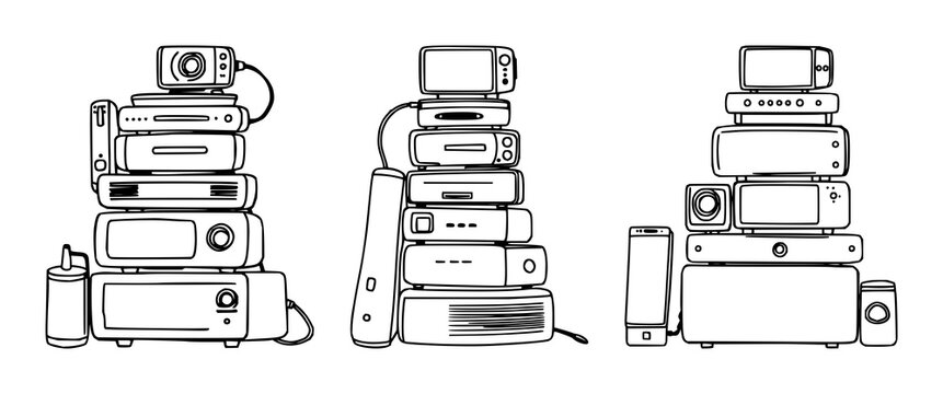 Smart-home gadgets set with doodle style illustration of a stack featuring smart-home gadgets, doodle illustration, tech lifestyle with simple lines and white background
