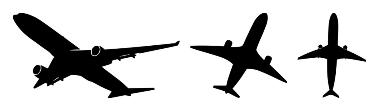 Commercial airplane set with minimalist vector icon ascending at a slight upward angle featuring silhouette, clean lines, solid black fill with monochrome and professional travel
