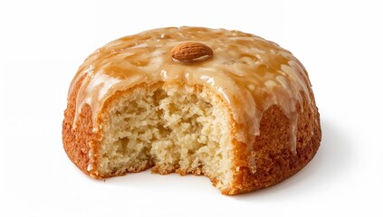 Round basbousa semolina cake with almond and sugar syrup glaze showing moist crumb on white background