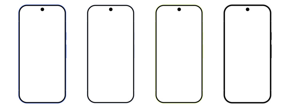 Set of four modern smartphones with hole punch camera displays and blank transparent screens isolated on transparent background
