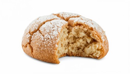 Moroccan ghoriba cookie with cracked surface and powdered sugar, almond texture exposed, traditional domed pastry closeup