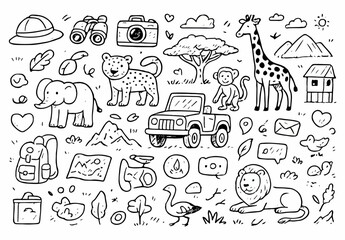 Hand drawn doodle vector set of safari and wildlife tour elements in playful sketchy ink pen style with clean black outlines isolated on white background © Creative Lab