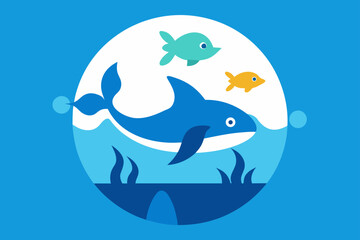 Naklejka premium Cartoon whale and fish swimming in water ocean marine
