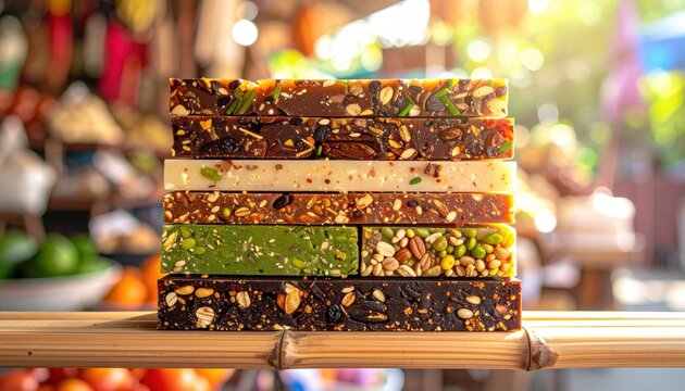 A Vibrant Stack of Diverse Flavored Protein Bars Showcasing Natural Ingredients and Textures