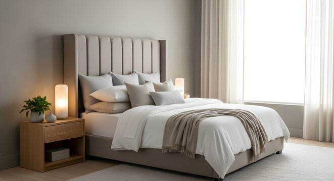 Modern minimalist bedroom interior design featuring a comfortable gray upholstered bed with white bedding and a serene ambiance