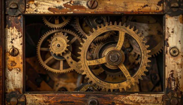 Close up view of weathered antique wooden clock gears showcasing intricate mechanical detail and functional complexity.