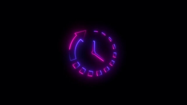 Glowing neon Rewind time icon isolated animation .clock icon with arrow recycling icon animation . refresh time line icon.neon sign .