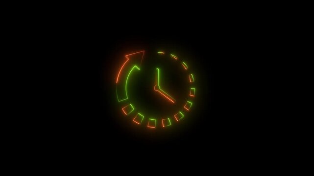 Glowing neon Rewind time icon isolated animation .clock icon with arrow recycling icon animation . refresh time line icon.neon sign .