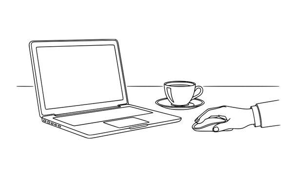 Minimal line art laptop coffee cup and hand using mouse workspace vector illustration