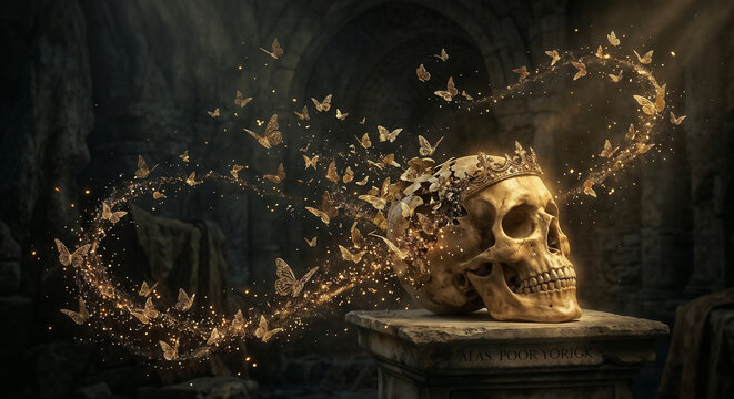 Surrealist illustration of a crowned skull with golden butterflies, a dramatic depiction for Shakespeare's play Hamlet