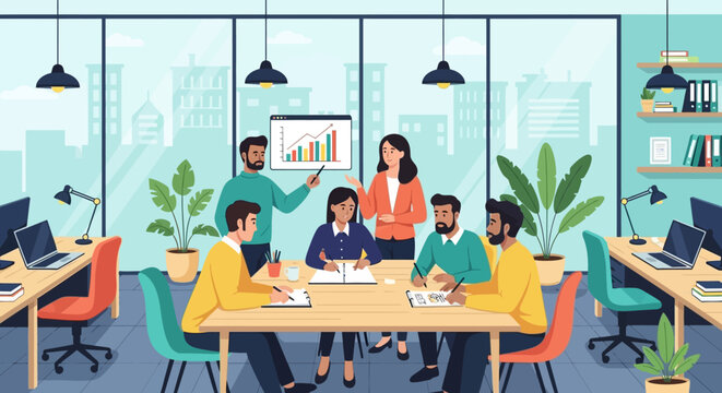 A diverse team of professionals collaborates during a productive business meeting in a modern, vibrant office space, discussing financial growth and strategic planning.