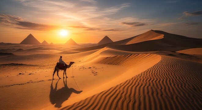 Camel rider walks through desert with pyramids at sunset