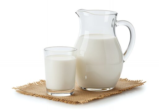 Glass jug and cup of milk on burlap mat white background