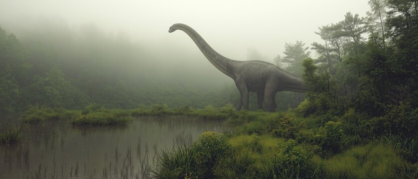 A towering brontosaurus stands in misty, verdant landscape&mdash;serene and prehistoric. Soft fog and lush greenery evoke ancient mystery and natural grandeur.