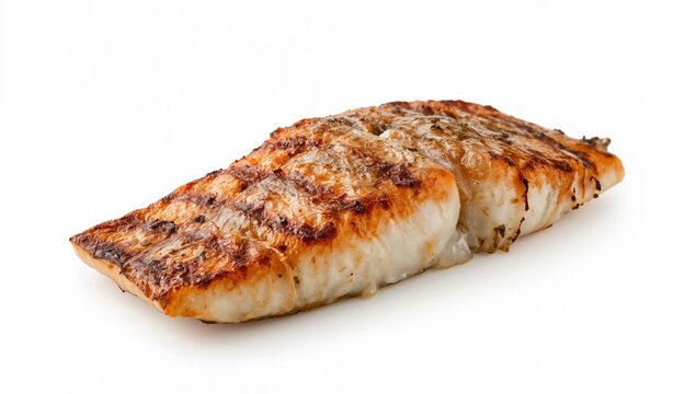 Chargrilled arabian sea kingfish fillet crosssection with juicy flesh and perfect grill marks isolated on white
