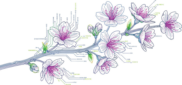 Futuristic floral branch with circuit board design and binary code elements