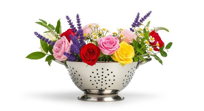 Colorful bouquet of flowers in a stainless steel colander, isolated photo on a white background