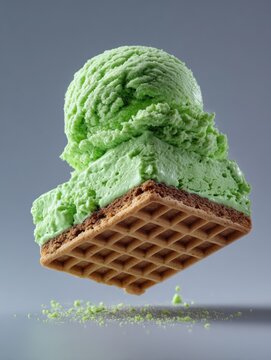 owering mint green ice cream scoop on waffle cone, levitating against grey background with scattered green sprinkles, minimal dessert composition