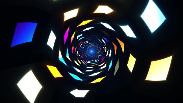Psychedelic VJ Loop with Colorful Neon Light Shapes Moving in a Tunnel