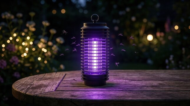 Bug zapper lantern attracting mosquitoes with purple UV light in nighttime garden, effective insect control device on wooden table surrounded by flowers and fireflies