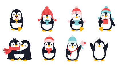 Fototapeta premium Collection of adorable cartoon penguins wearing colorful winter hats and scarves while enjoying hot drinks and holiday cheer.