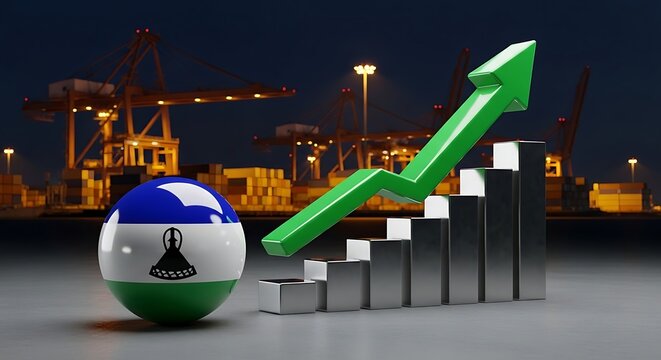 A 3D rendering of the Lesotho flag sphere with a green arrow graph rising