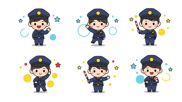 Set of cute cartoon male police officers in blue uniforms performing various actions like waving and holding a traffic baton.