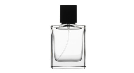 Obraz premium Elegant clear glass perfume bottle with black cap isolated PNG, minimalist fragrance container on transparent background for beauty and fashion design