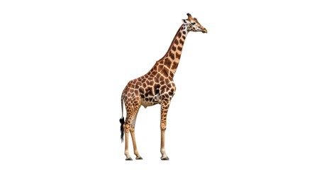 Elegant giraffe standing isolated PNG on transparent background, tall African mammal with brown spots for wildlife and educational resources © Corotaev