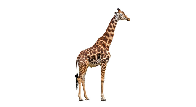 Elegant giraffe standing isolated PNG on transparent background, tall African mammal with brown spots for wildlife and educational resources